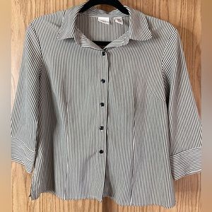 Covington Petite Blouse Small Petite 3/4Sleeve Button Up Black & Cream Pinstripe